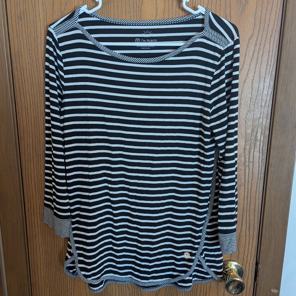 T by Talbots 3/4 Sleeve Boat Neck Stripe UPF 50 Top Navy White Soft -Women's S